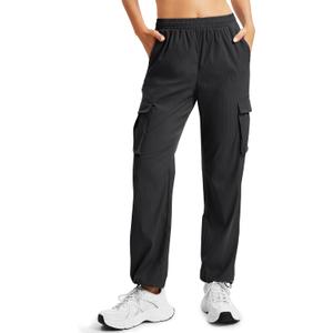 MAGCOMSEN Women's Cargo Pants Quick Dry Lightweight Hiking Travel Pants Water Resistant Safari Joggers with Pockets (Black, M)