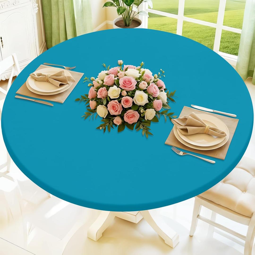 Moosfor Round Spandex Tablecloth, Elastic Fitted Waterproof Tablecloths for 31"-35" Tables, Stretch Washable Picnic Table Cover for Camping, Dining, Indoor and Outdoor, Turquoise
