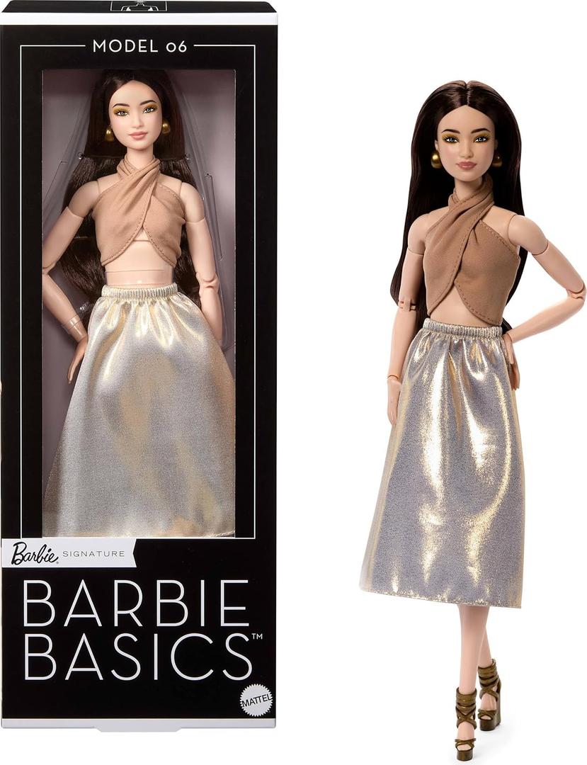 Barbie Basics Model Collector Fashion Doll 06 with Brunette Hair, Shimmery Golden Skirt & Halter, Universal-fit Fashions, Posable Body