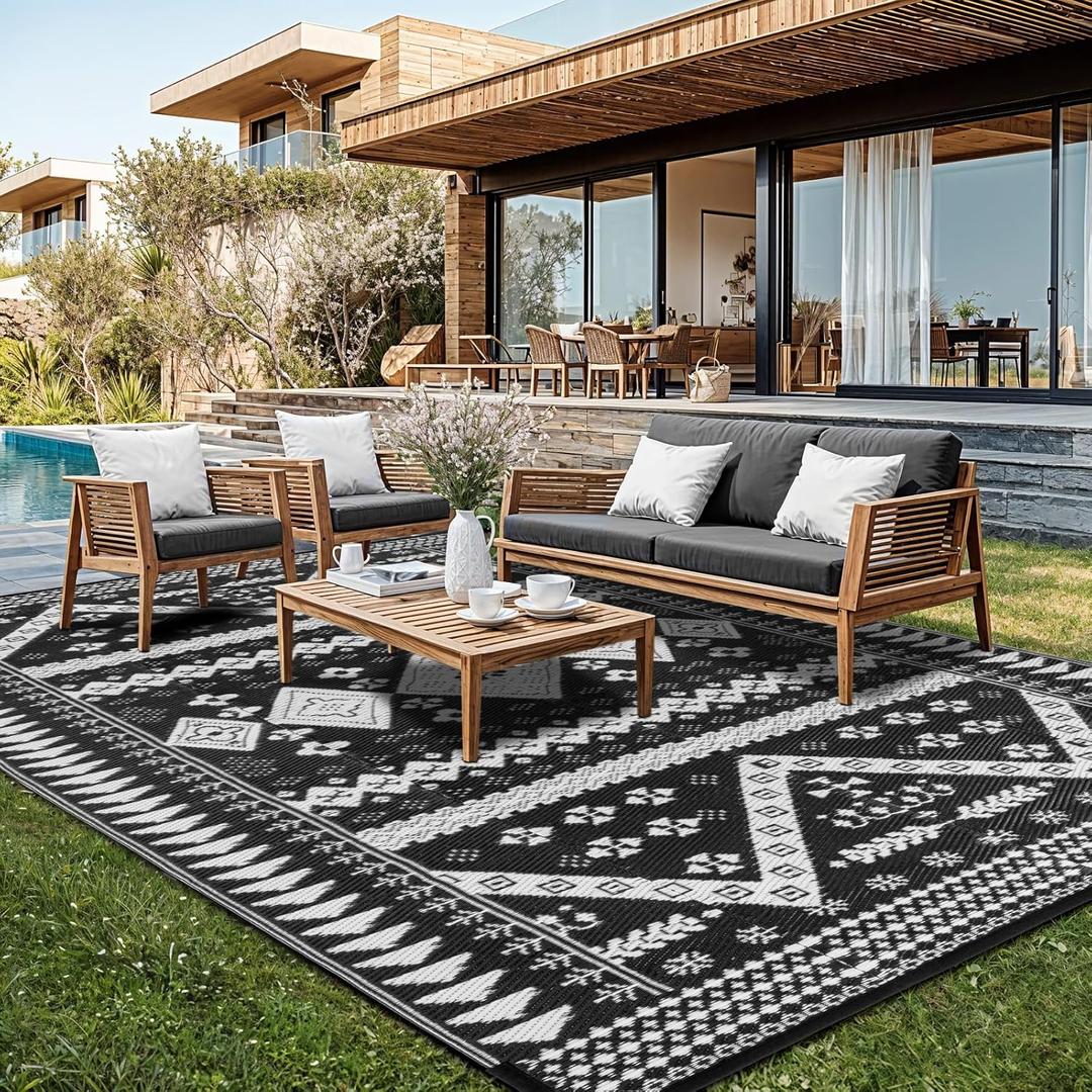 Shilucheng 8x10 Outdoor Rug for Patio Clearance Waterproof Reversible Plastic Foldable Large Rugs for Camping, RV, Deck, Picnic, Beach, Backyard Outdoor Carpet (Black/White)