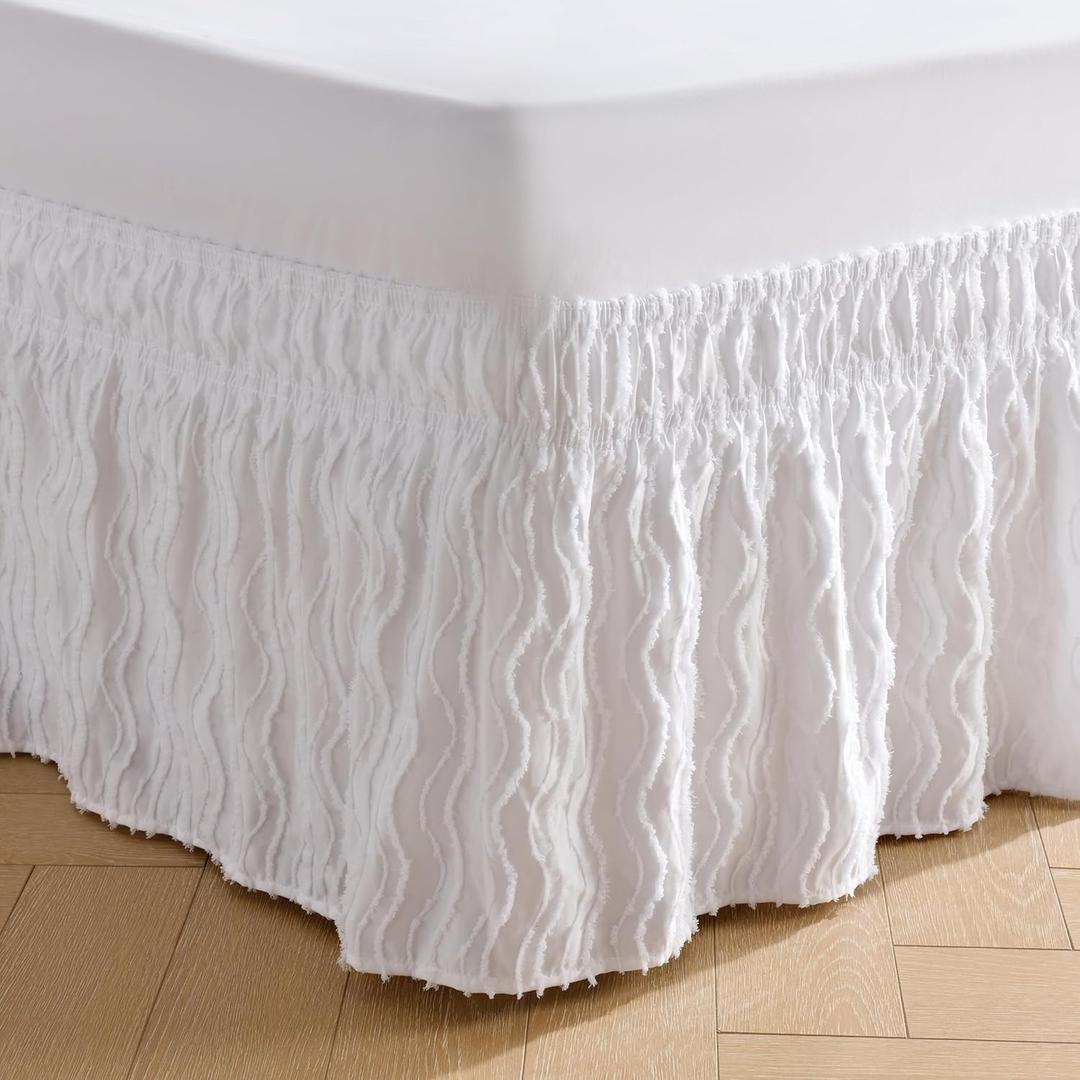 MIYE Wavy Tufted Bed Skirt - Wrap Around Dust Ruffle with Elastic Belts - 15 Inch Drop Easy to Put On - Bedskirt Machine Washable ＆ Wrinkle Resistant(Wavy/White, Full/Twin-15 Drop)