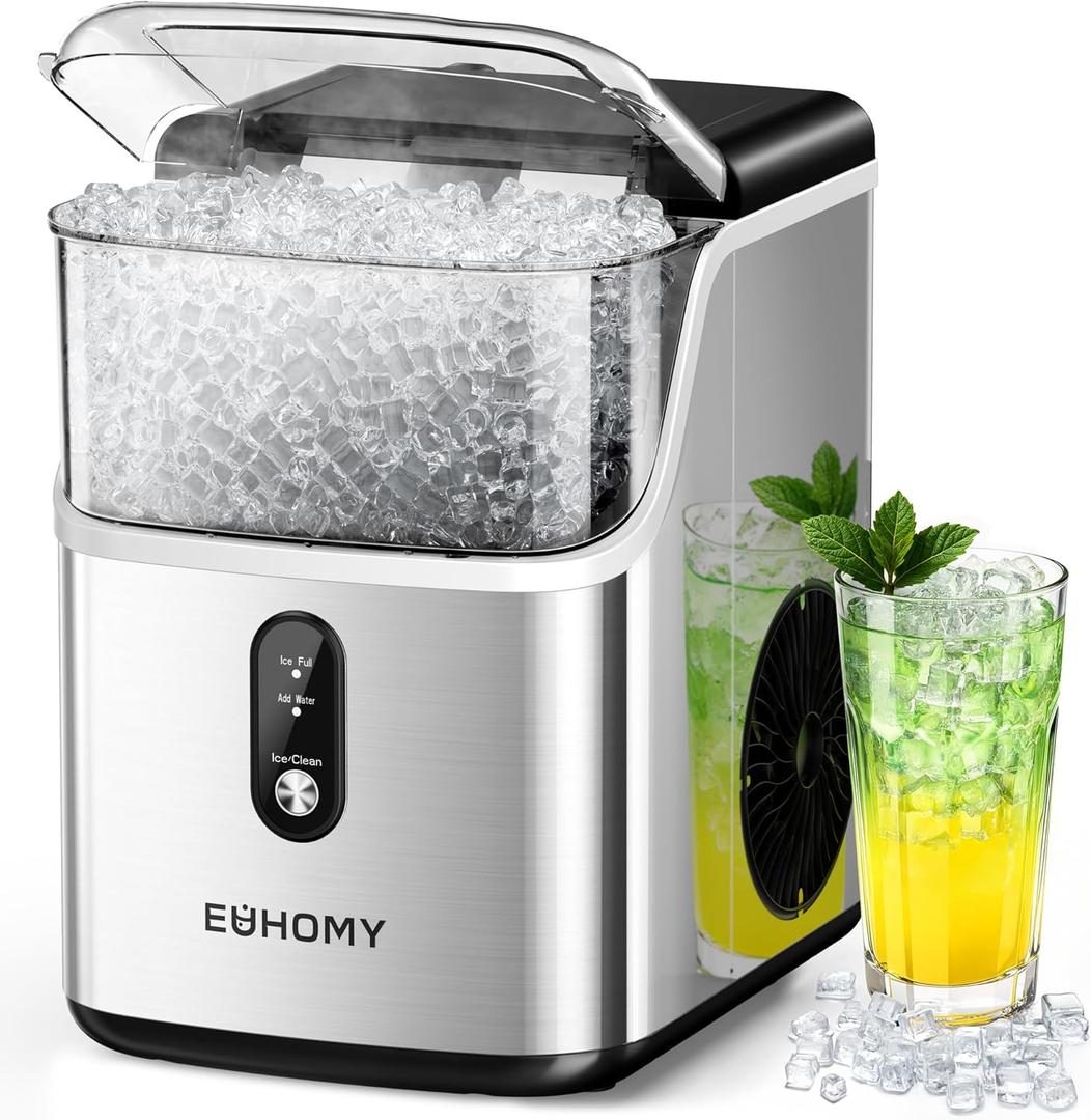 EUHOMY Nugget Ice Makers Countertop, Pebble Ice Maker Machine with 35lbs/24H Soft Ice, Self-Cleaning Sonic Ice Maker with Ice Scoop&Basket, Pellet Ice Maker for Home/Kitchen/Office(Stainless Steels) (Silver)