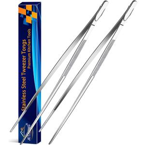 JETKONG 2 Pieces Extra-Long Tweezer Tongs 12-Inch Stainless Steel Tweezers Chef Tweezers (12" Point Tip-silver)