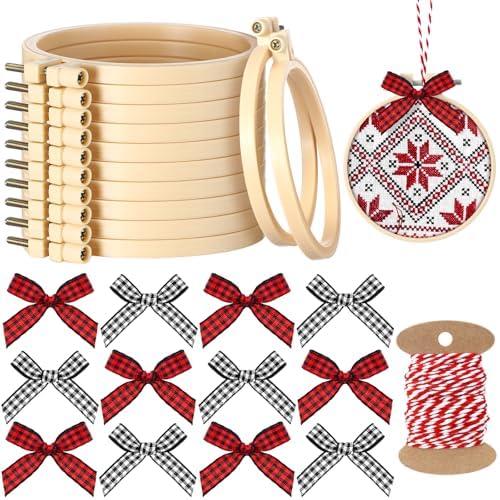 Beeveer 25 Pieces Christmas Embroidery Kits Includes Mini Embroidery Hoops Plastic Circle, Bows, Cotton Rope Cross Stitch Hoop Ring for Art Craft Handy Sewing DIY Xmas Tree Decoration(4 Inch)
