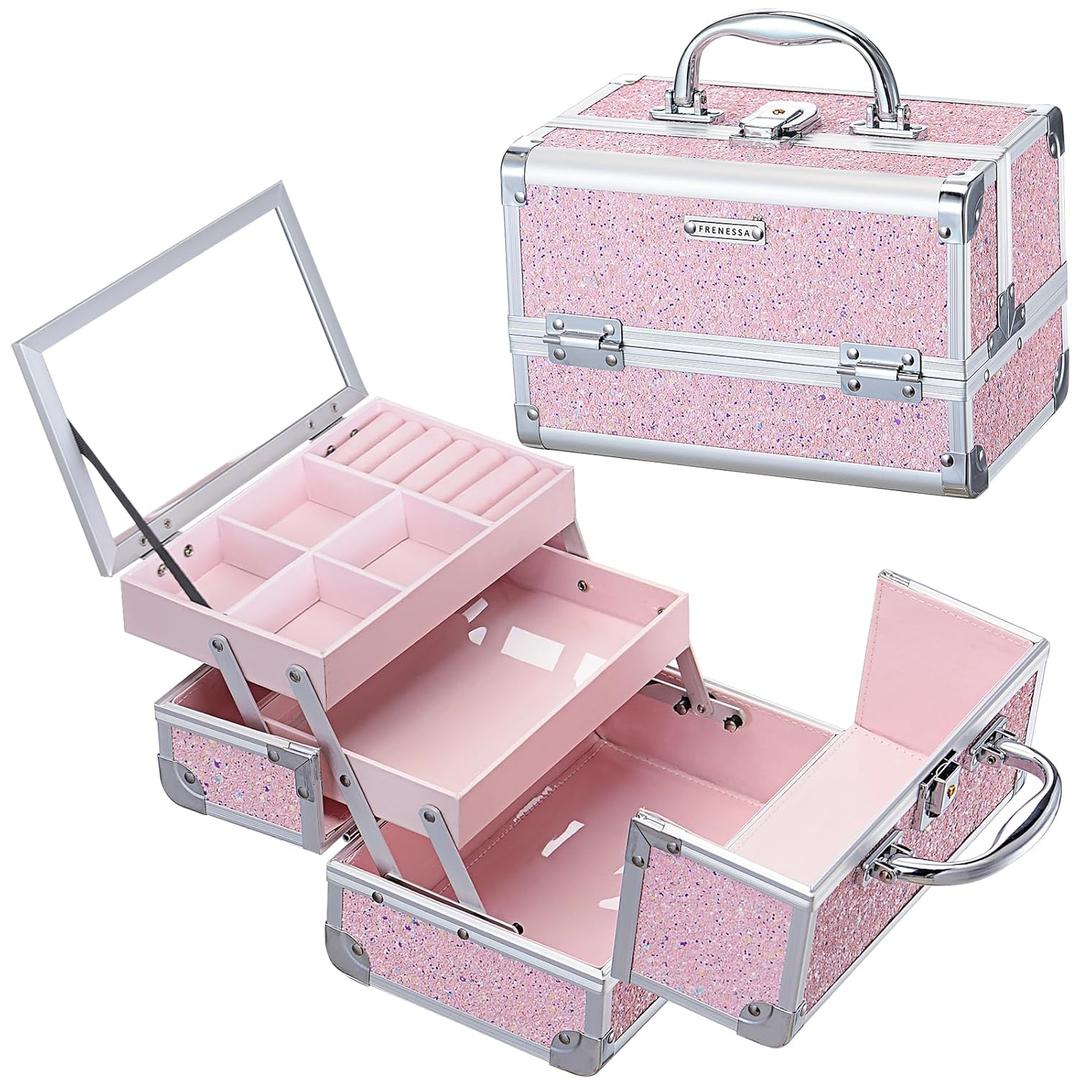 FRENESSA Makeup Case Organizer Portable Makeup Train Case Cosmetic Box with Mirror Jewelry Tray for Girls Nail Supplies Make Up Cases Organizers and Storage Kids Craft Case Pink