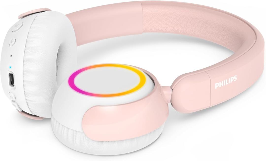Philips K4200 Lightweight On-Ear Wireless Kids Headphones - Built-in Mic, LED Lights, Safe Volume Limited, Audio Sharing, Foldable & Durable, Pink