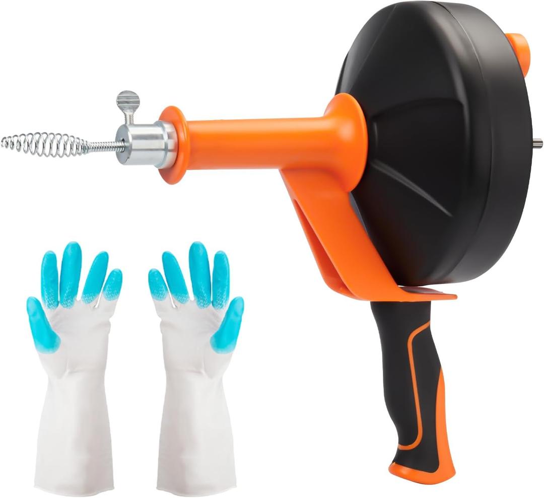 Drain Snake 25 FT with Drill Attachment Manual and Drill 2-in-1, Drum Drain Auger with a Pair of Gloves, Plumbing Snake Suitable for Kitchen, Bathroom, Bathtub and Drainage Pipes.