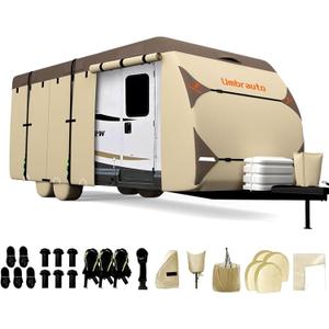 Umbrauto Travel Trailer RV Cover Upgraded 7-Layer Top Camper Cover, Waterproof & Windproof Trailer Cover for 30'-33' RV, Includes 4 Tire Covers, Tongue Jack Cover and Gutter Cover, Khaki 