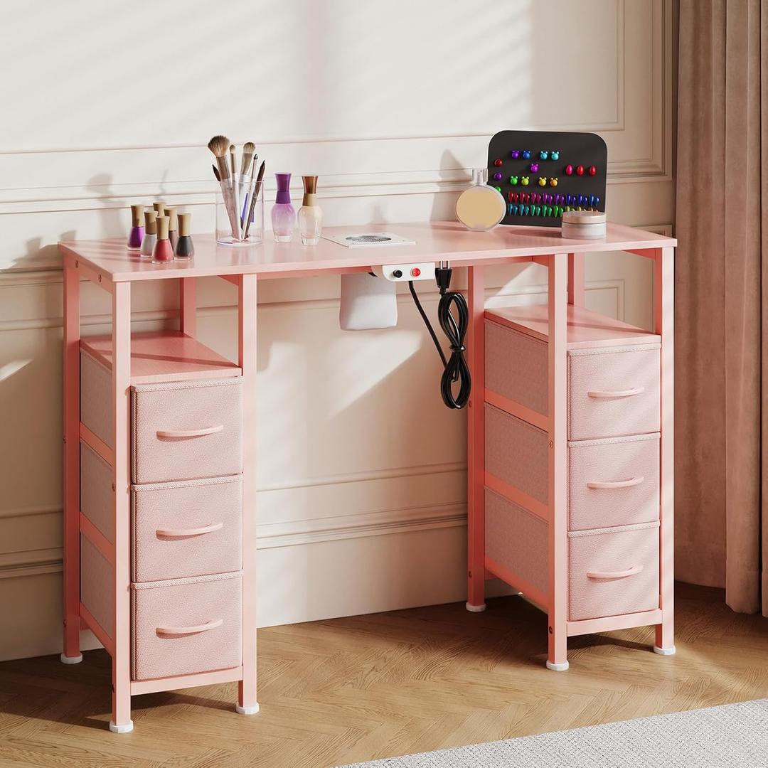 Manicure Table Nail Desk for Nail Tech, Nail Beauty Table w/Electric Dust Collector & 6 Storage Drawers & Open Shelves for Home, Workshop, Makeup Beauty Salon Workstation (Pink), 15.74"D x 43.3"W x 31.5"H