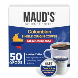 Maud's Colombian Coffee Pods, 50 Ct, Single Origin, Medium Roast Coffee in Recyclable Single Serve Pods 100% Arabica Coffee, Compatible with Keurig K Cups Maker, BB Date 10/30/2026