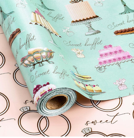 Retrify Reversible Wrapping Paper Roll - 17 Inch X 32.8 Feet - Colorful Cakes Diamond Ring Design Wedding Gift Wrap Paper for Bridal Shower, Engagement, Party, Celebration