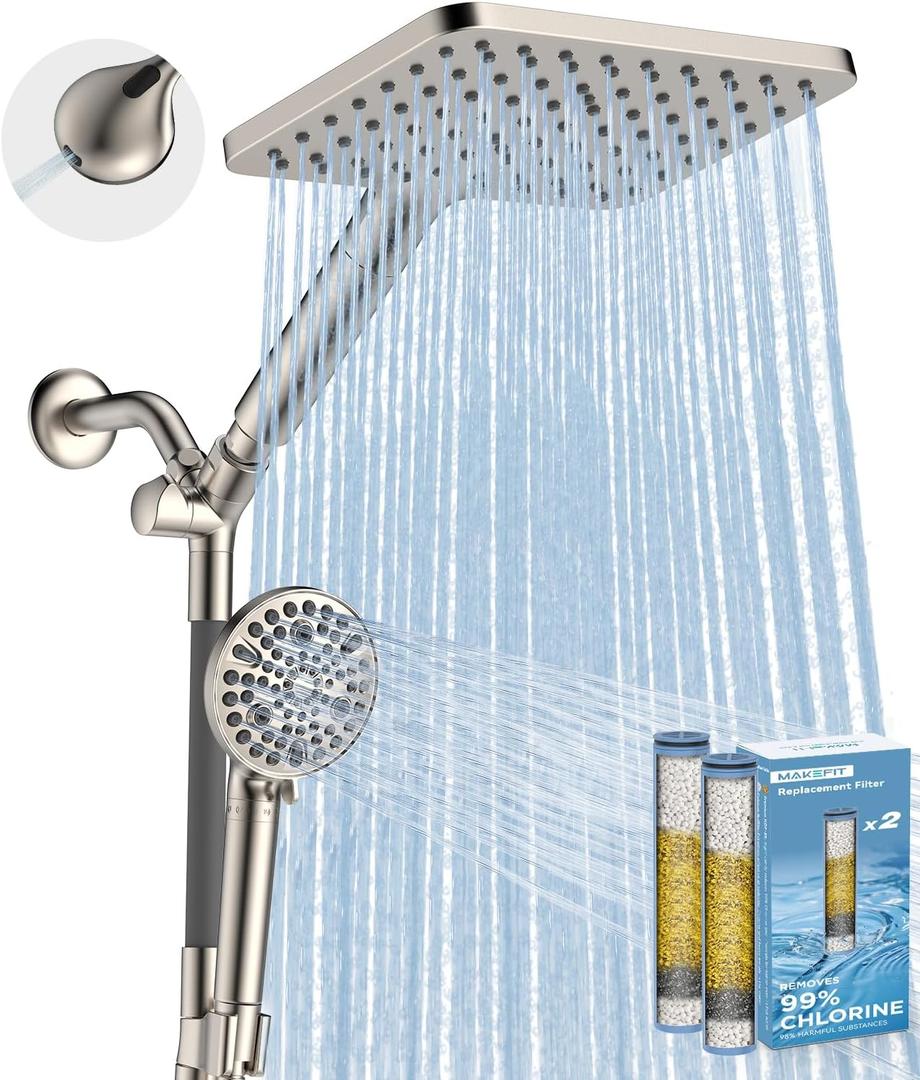 MakeFit Dual Filtered Rain Shower Head Combo, High Pressure Handheld Shower Head with Adjustable Bar - Rainfall Shower Head And Showerhead with Filter for Hard Water - Removes Chlorine (Polished Nickel Brushed)