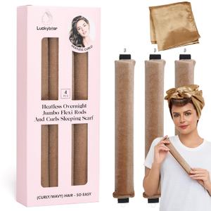 Heatless Curls Overnight Rods Jumbo Set, Heatless Hair Curler Velvet Satin Jumbo Flexi Rods to Sleep in, No Heat Overnight Sleeping Blowout Curls Wave Styling Tools with Silk Scarf 4pcs Khaki