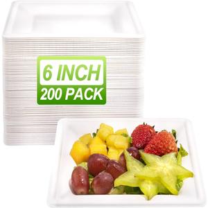 LIYH 200 Pack 6 Inch Compostable Sugarcane Square Small Paper Plates  Biodegradable White Dessert & Cocktail Plates Disposable, Made of Sugar Cane Fibers