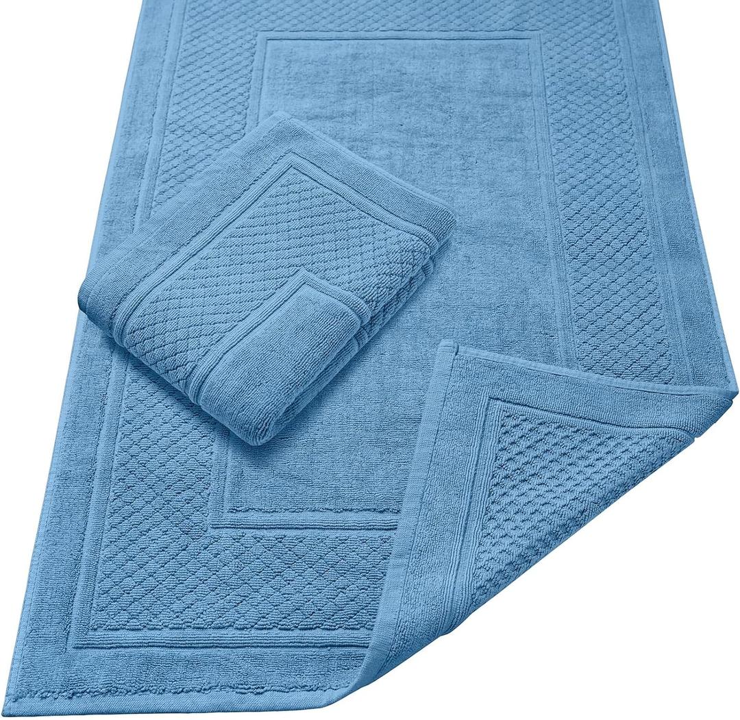 Avalon Towels Light Blue Bath Mat - 100% Cotton Set of 2 Absorbent Bathmat - Bathroom Mats Quick Dry Bath Mats for Bathrooms (22x34 Inches)