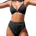 CUPSHE Bikini Set for Women Bathing Suit High Waisted Scalloped V Neck Two Pieces Swimsuit (Medium, Black)