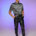 WDIRARA Men's Button Front Short Sleeve Fringe Trim Party Shirt Collar Club Tops (Gray, XL)