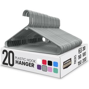 Utopia Home Plastic Hangers 20 Pack - Space Saving Clothes Hanger - Durable & Strong Closet Organizers and Storage with Built-in Strap Hooks - Essential for Shirts, Pants, Skirts & Coats (Grey) (Gray)