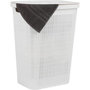 Mind Reader 60L Slim Laundry Hamper, Clothes Basket, Lid, Linen Design, Plastic, 18.25L x 14.25W x 23.5H, White