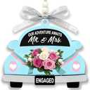Valentine’s Day Engagement Gift for Couples – “Our Adventure Awaits” Wooden Car Hanging Ornament, Just Engaged Keepsake for Future Mr & Mrs, Romantic Bride to Be Gift, Blue and Pink, Pack Of 2