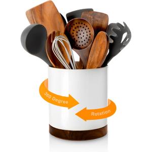 Nucookery 360 Rotating Utensil Holder, 7.2" Large Utensil Crock, White Ceramic Cooking Utensil Organizer with Countertop-Protection Cork Bottom for Farmhouse Kitchen Decor Christmas Gift (White)