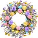 Artificial Easter Wreath 20 Inch Easter Wreaths for Front Door with Colorful Eggs Yellow Daisy Purple Lavender and Green Leaves Egg Wreath for Porch Window Farmhouse and Party Decoration