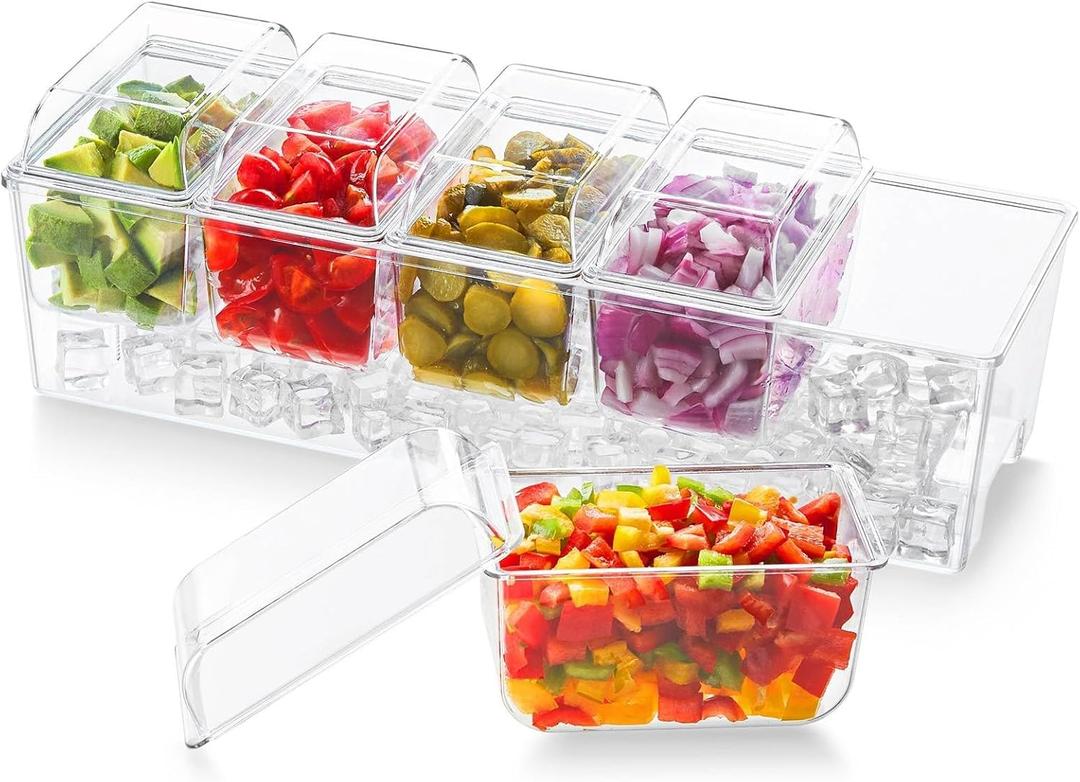 Lifewit Ice Chilled Condiment Caddy with 5x20 oz Containers, Condiment Server with Separate Lid, Serving Tray Platter with Removable Dishes for Bar Fruit Salad Taco Party Garnish, 39 x13cm/15x5