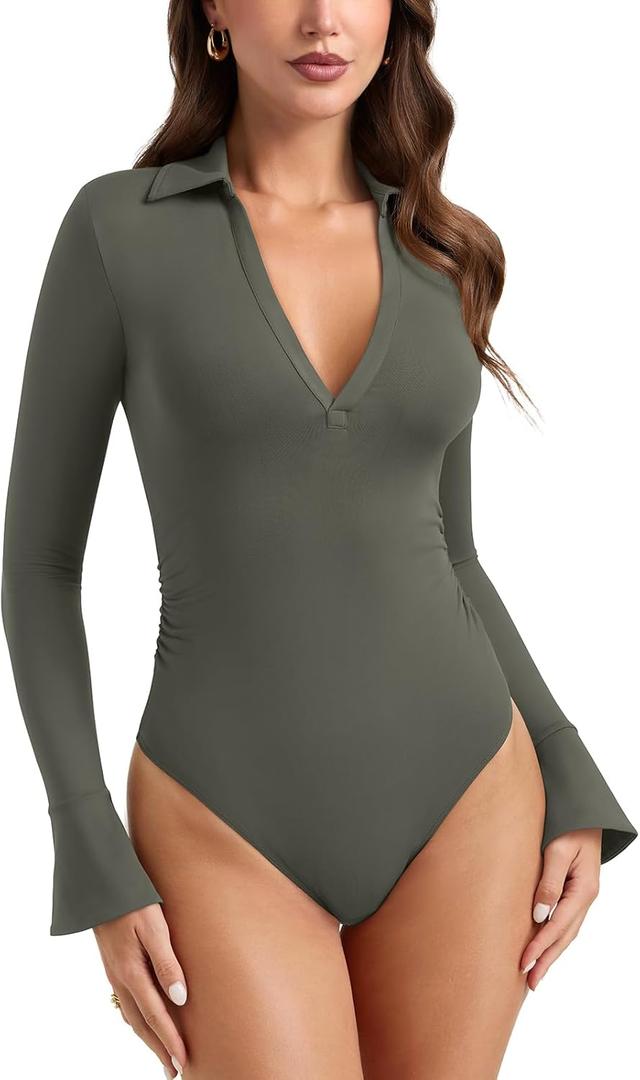 PINKMSTYLE Women Sexy V Neck Long Sleeve Bodysuit Slim Fit Ruched Going Out Y2K Top Flared Sleeve Collared Shirts Fall Outfit (Medium, Gray Green)