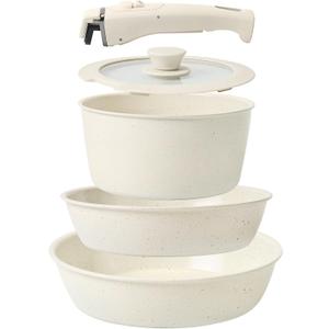 Pots and Pans Set Non Stick, Ceramic Cookware Set Nonstick Frying Pans 5 Pcs-Non Toxic PFAS/PFOA/PTFE Free, with Detachable Handle for RV Kitchen, Induction & Dishwasher Safe Cream White