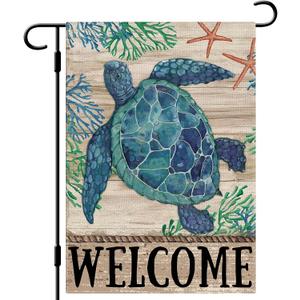 DLZDN Welcome Sea Turtle Garden Flag Beach Garden Flag 12x18 Inch Double Sided Burlap Welcome Summer Rustic Coastal Seasonal Ocean Yard Flag Outdoor Decoration