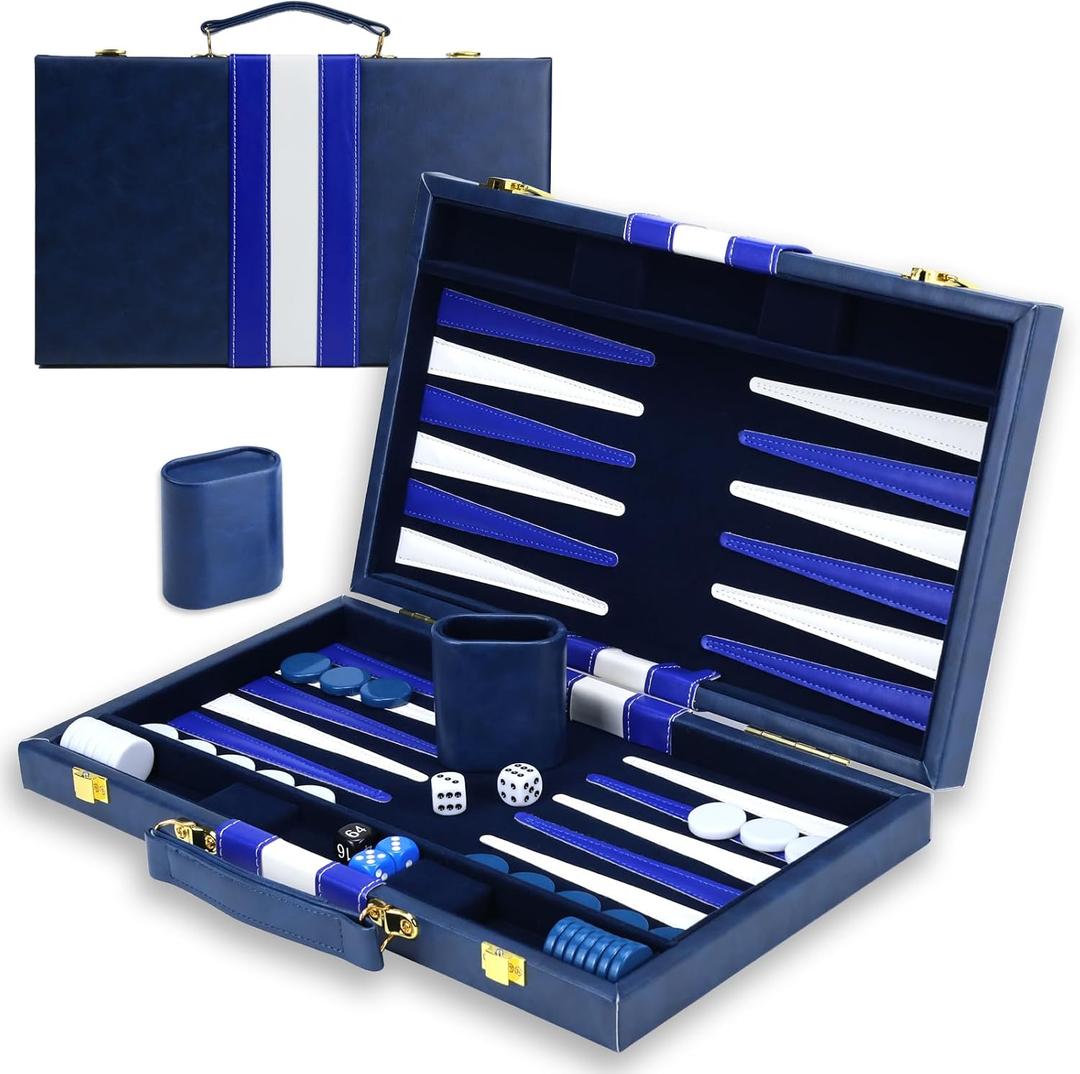 Large Backgammon Sets for Adults - Classic Board Games for 2 Players Adults and Kids - Premium Backgammon Set 15 inch Board and 30 Backgammon Pieces in Quality PU Leather Case - Gift for Man (Blue)
