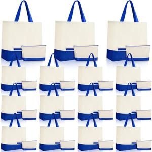 Sanwuta 30 Pcs Canvas Tote Bags Bulk with Zipper Cosmetic Pouch 18.5" Reusable Cotton Shopping Bag with Handle for DIY Craft (Navy Blue)