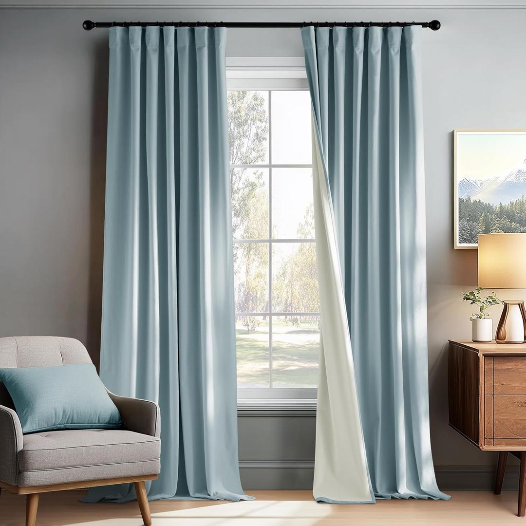 PONY DANCE Light/Stone Blue 100% Blackout Velvet Curtains 96 inches Long for Bedroom, Thermal Insulated Room Darkening Window Drapes for Living Room, Luxury Back Tab Curtains(2 Panels, W52 x L96)