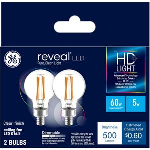GE Reveal LED Light Bulbs, 60 Watt, A15 Ceiling Fan Bulbs, Clear, Small Base (2 Pack)