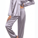 Ekouaer Womens 2 Piece Silk Satin Pajama Set Long Sleeve Lounge Sets Button Down Shirts and Pants PJs Soft Sleepwear Sets Light Grey M