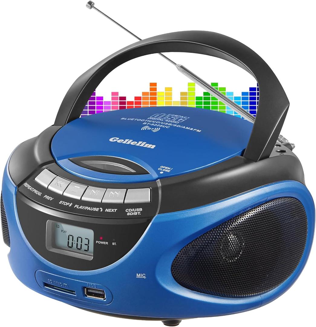 Gelielim Portable Boombox CD Player, Top Loading CD Players for Home with Bluetooth, AM FM Stereo Radio, Support USB, SD, MMC Drive, LCD Display, Headphone Jack, AC/DC Powered, Gift for Seniors-Blue