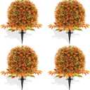 4 Pack Artificial Flower Topiary Ball with Ground Spikes, UV Resistant Orange Boxwood Outdoor Faux Shrubs Plants for Fall Autumn Thanksgiving Halloween Decor, Garden Porch Yard Patio