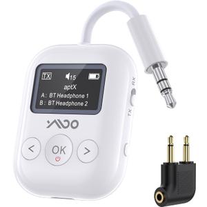 YMOO Bluetooth 5.4 Transmitter Receiver for Airplane, Wireless Bluetooth Adapter Travel Essentials, Supports to 2 Headphones, 25H Playtime, 2-in-1 Adapter with LED Display for TVs Gym Home,White