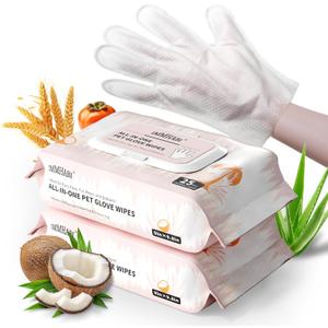 IMMHABI 50 Pcs Cleaning Deodorizing Pet Glove Wipes for Dogs & Cats, Hypoallergenic Dog Bath Wipes with Natural Deodorizer Persimmon Tannin, Pet Bathing Wipes for Horse Coat Care Coconut Scent