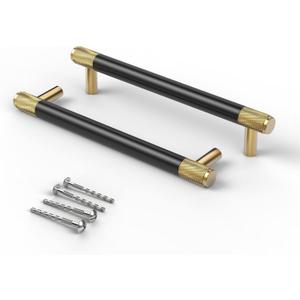 Bar Cabinet Handle Knob Pull Brushed Satin Gold/Knurled Brass Finish with Electroplated Matte Black 7.3" (6.3" Hole Center) for Kitchen Cabinet Hardware/Dresser Drawer Handles 10 Pack