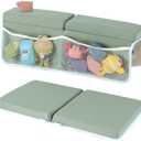 Baby Bath Kneeler and Elbow Rest Pad Set, 1.5 Inch Thick Memory Foam Soft Bath Kneeler with Bath Toys Organizer, Non-Slip, Quick-Dry, Foldable Kneeling Mat, Ideal Gift for Parents (Gray Green)  22 inches x 11 inches x 1.5 inches