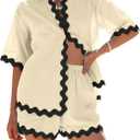 Danedvi Womens 2 Piece Outfits Beach Vacation Summer Short Sleeve Button Down Shirts and Shorts Lounge Sets (Small, Beige)