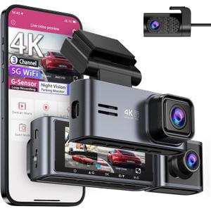 OMBAR Dash Cam 5G WiFi GPS, 3 Channel Dash Cam Front and Rear Inside 2K+1080P+1080P, 3.18" LCD Screen, 64GB Card Included, Dual Dash Camera for Cars 4K/2K/1080P+1080 P IR Night Vision, WDR, G-Sensor