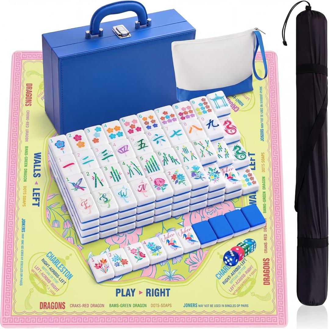 Soulchen 1.2in American Mahjong Tiles Set with Noise Reducing Mat 168 Acrylic Engraved Mahjong Game Tiles with Portable Storage Bags and 4 Dice for Adults Family Friends Collection Travel Game(Blue)