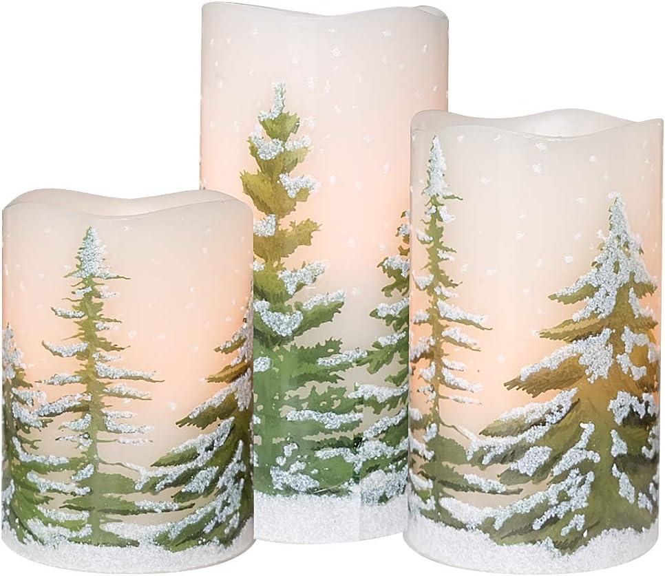 Eldnacele Green Tree Christmas Decor Flameless Flickering Candles with Automatical Daily Timers, Battery Operated LED Candles Real Wax Decals Pack 3 Tiered Pillars 3 x 4 5 6 Inches