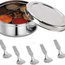 Satre Online and Marketing Stainless Steel Spice Box Without Lid,Stainless Steel Masala Box,Indian Spice Box with 7 Spice Containers and Spoons