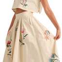 Women Floral Embroidery Dress Sleeveless 2 Piece Tank Top and Skirt Loose Fit Boho Dress (Medium, White)