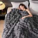 Luxury 1000GSM Faux Rabbit Fur Throw Blanket, Super Heavy Warm Cozy Blankets for Couch Bed Sofa, Bubble Plush Fuzzy Elegant Soft Reversible Mink Blanket for Living Room Bedroom, Grey (50"x60")