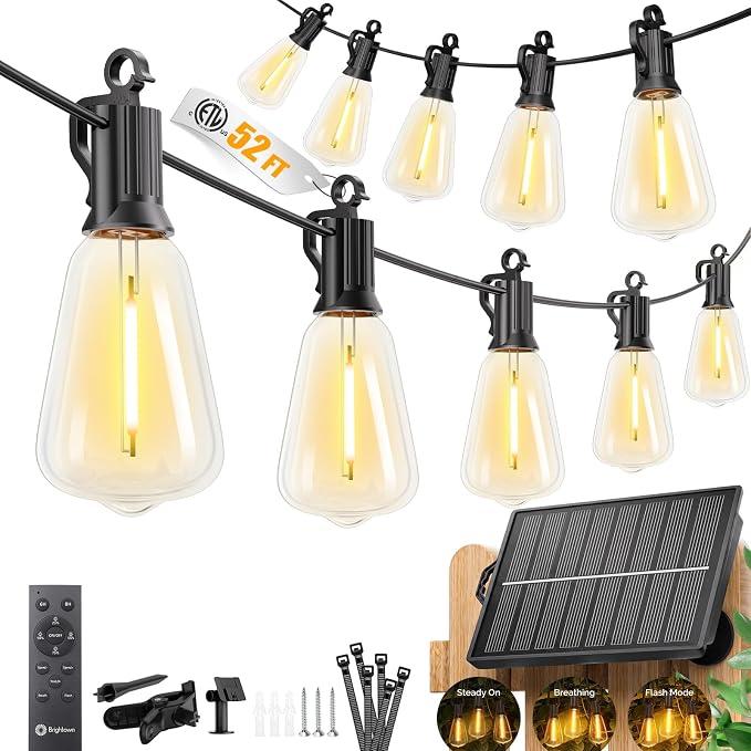 Brightown 52FT Solar String Lights Outdoor Waterproof, Up to 26Hrs Runtime
15+1 LED Bulbs, USB & Solar Powered, Remote Control & Dimmable Timer, Ideal for Backyard, Garden, Camping & Christmas Decor
