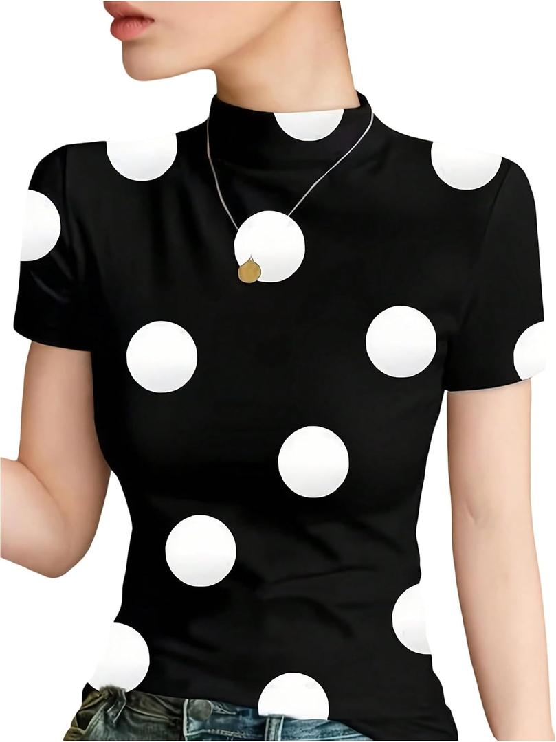 SHENHE Women's Mock Neck Short Sleeve Tee Shirt Polka Dots Slim Fitted Stretch Going Out Top (Black, L)